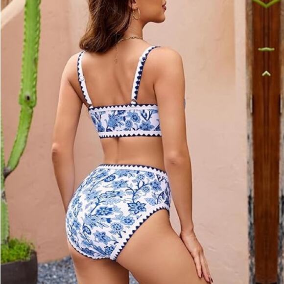 Herseas NEW Blue & White Floral 2 Piece Bikini Set Scoop Neck High Waist Large - Picture 2 of 10